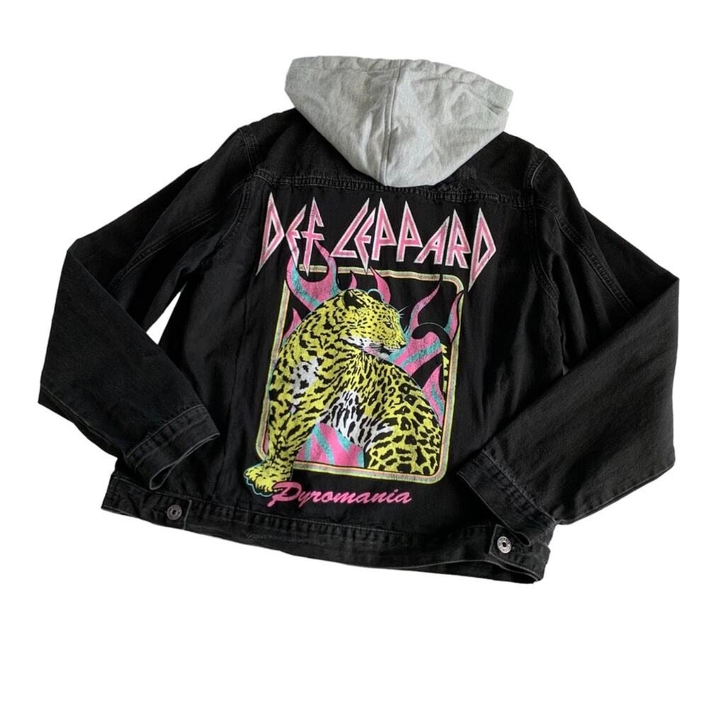 Reworked Apparel Def Leppard Custom Upcycled Distressed Black Denim Jacket Small